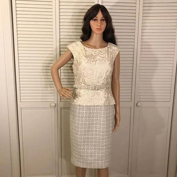 Badgley Mischka | Dresses | Badgley Mischka Lace Tweed Gold Metallic Dress  Size 8 | Poshmark